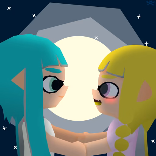 Summatia and Integrelle holding hands, looking at each other, under the big round moon