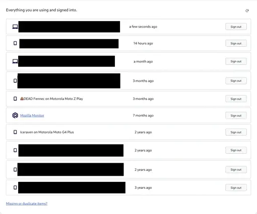 Mozilla sync "Manage account" page, section "Everything you are signed in to" showing all my browsers signed in (some inactive for 3 years), one entry being "Mozilla Monitor".