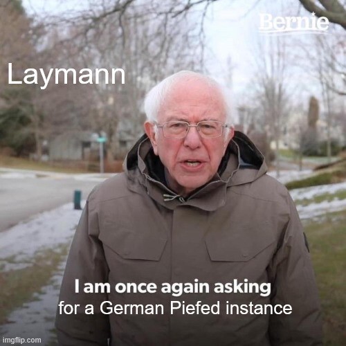 Bernie I am once again asking-Meme.   Text 1: Laymann [with double n]. Text 2: I am once again asking for a German Piefed instance