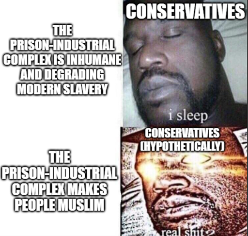 I sleep real shit meme. Top right: conservatives: I sleep. Top left: The prison-industrial complex is inhumane and degrading modern slavery. Bottom right: conservatives (hypothetically): real shit. Bottom left: the prison-industrial complex makes people muslim