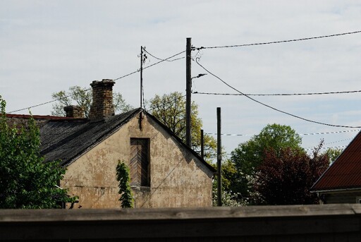 wires, poles, house