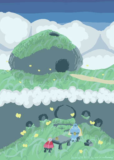 two section digital pixel drawing. first section has grass field with a grey rocky spherical dome covered by grass with a whole in the top and one larger one in the front. there are yellow butterflies around and the background shows large clouds and a blue sky. second section shows the interior of the dome, showing spherical groves. in the center there is a moth-looking red character sitting and drinking tea with a blue ghost looking character with a yellow cape. there are also butterflies with the same color flying around