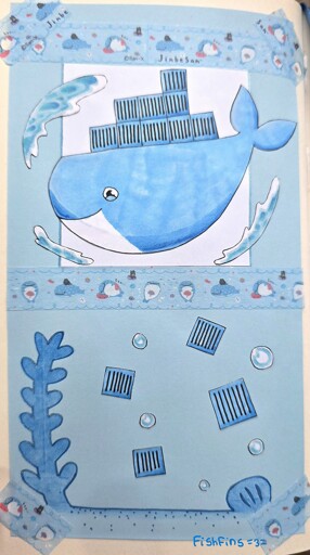 A drawing of the docker whale smiling, with square containers on its back. The whale is positioned on a white square on the top section of a blue sheet of paper. Docker is surrounded by three splashes of water. There is a line of blue Jinbesan washi tape on the top and bottom of the white paper, and also a little bit crossing the corners of the whole page. On the bottom part of the page, we can see a blue plant and shell outlined in a sparkly gel pen. There are also blue square containers and bubbles floating around.