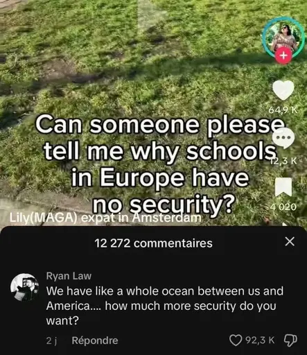 Post:"Can someone please tell me why schools in Europe have no security?" Reply:"We have like a whole ocean between us and America... how much more security do you want?"