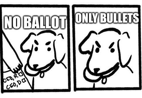 “No take, only throw” meme but it says “No ballot, only bullets”