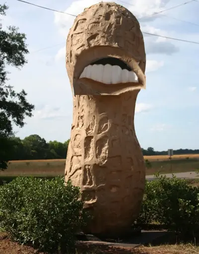 The peanut statue with Carter's smile made for his campaign, but the smile is poorly flipped upside down into a frown.