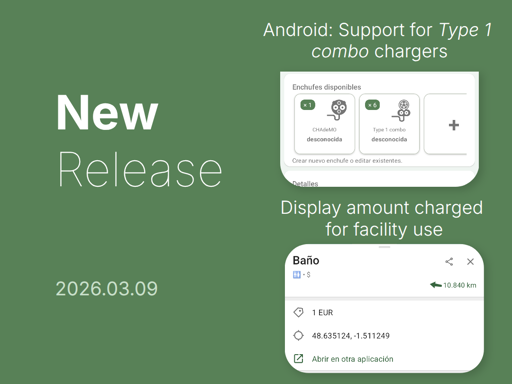 a sharepic reading "New release 2026.03.09" alongside two screenshots showing features, saying "Android: Support for Type 1 combo charger" and "Display amount charged for facility use"