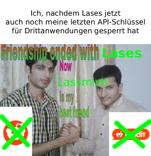 "Ich, nachdem Lases jetzt auch noch meine letzten API-Schlüssel für Drittanwendungen gesperrt hat": Friendship ended with Lases. Now Lassmich is my best friend.