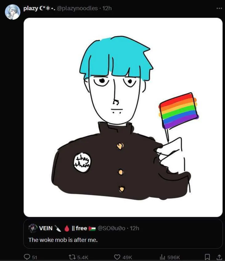 Reply showing the protagonist from Mob Pyscho 100 holding a rainbow flag, to a tweet saying "The woke mob is after me"