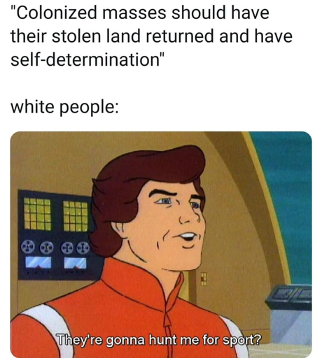 "Colonized masses should have their stolen land returned and have self-determination" above a reaction image labeled "white people:" of a white man saying "They're gonna hunt me for sport?"