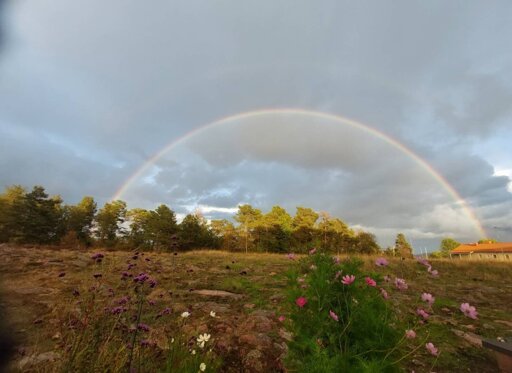 Photo of a very clear rainbow where one end looks like it's going into a house.