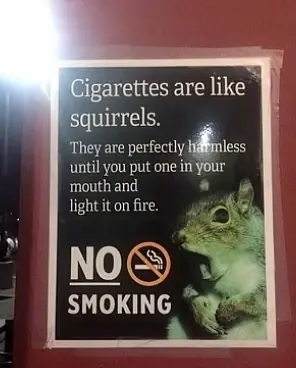 Sign that says: Cigarettes are like squirrels. They are perfectly harmless until you put one in your mouth and light it on fire. No smoking