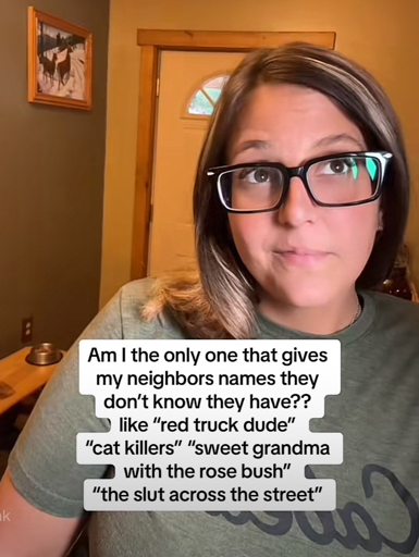 Woman in her house with the caption: Am I the only one that gives my neighbors names they don't know they have?? like "red truck dude"
"cat killers" "sweet grandma with the rose bush" and "the slut across the street"
