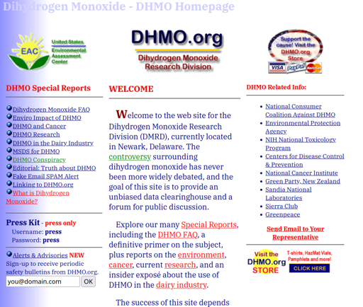 Screenshot of the DHMO.org homepage, a long-running parody site warning about "dihydrogen monoxide" (water), with a retro late-90s layout.