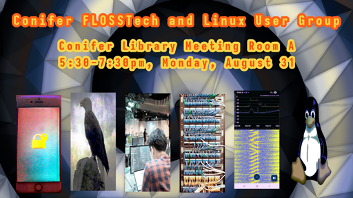 A flier for a Linux User's Group meeting at the library in Conifer, Colorado on 31 August 2026