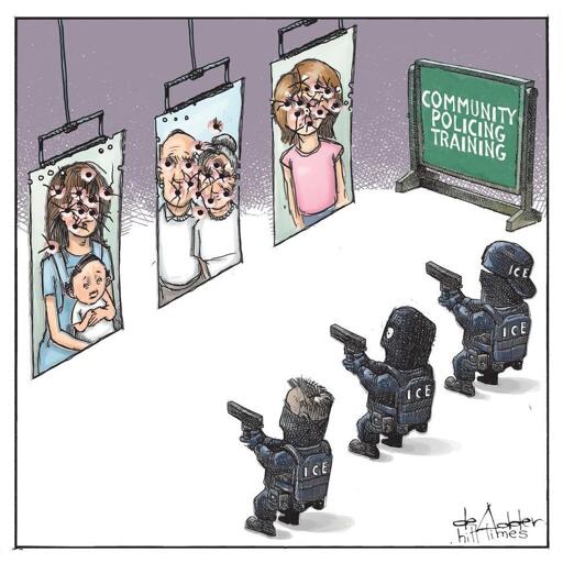 ICE agents in a shooting range aiming at photos of families. 