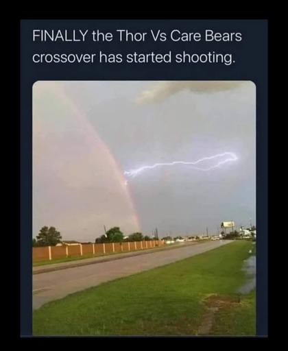 lightning hitting a rainbow says finally the thor care bears crossover has started
