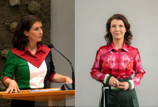 2 photos side-by-side showing Dutch politician Esther Ouwehand. On left,  wearing her first shirt (Palestine flag). Photo on right she is wearing another one with watermelon seeds. 