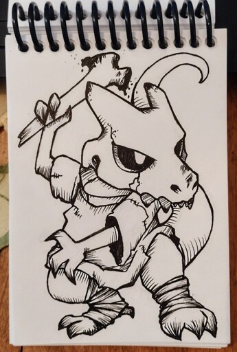A cubone from pokemon done in black pen on white paper. Cubone is a small dinosaur man wearing a skull and holding a bone as a club. He's wearing a ragged shirt and foot wraps.