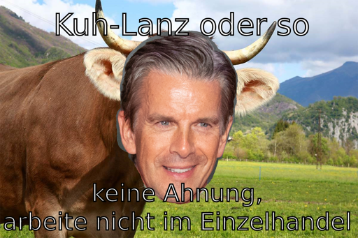 Ein Bild von einer Kuh mit dem Gesicht von Markus Lanz drauf montiert. Text oben: "Kuh-Lanz oder so". Text unten: "keine Ahnung, arbeite nicht im Einzelhandel"
