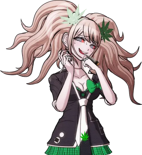 An image of Junko Enoshima from Dangan Ronpa: Tigger Happy Havoc. She's been photoshopped to be green and covered in weed leaves.