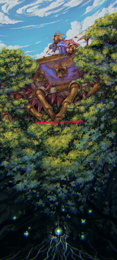 Illustration of fantasy characters on the edge of a ship's railing, looking out of the scene. the characters look happy and content. The ship moves with centipede legs through lush green treetops. At the bottom the leaves get darker around a single globe of light with some glowing butterflies.