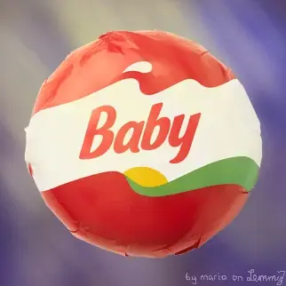 edited version of a product photo for the "babybel" cheese. the text has been cleanly edited to just say "baby". the curvy lines on the original designs and soft colors evoke a feeling of security. there are lightrays against a darker purple background with light particlees floating around. bottom right says "by maria on lemmy"