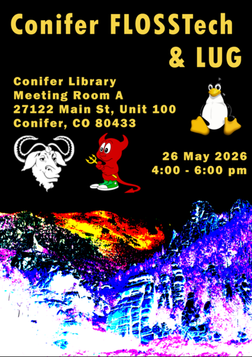 A flier for a Linux User's Group meeting in Conifer, Colorado