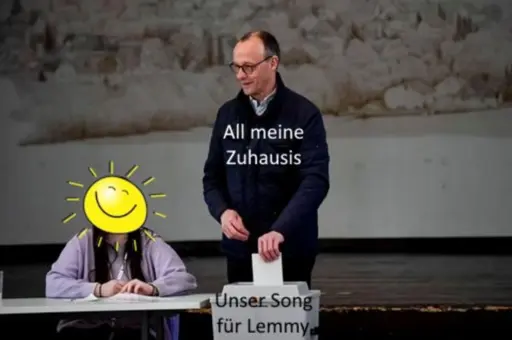 Merz beim Wahlgang. Beschriftet mit "All meine Zuhausis". Die Urne ist beschriftet mit "Unser Song für Lemmy"