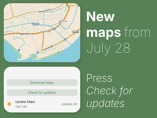 A share-pic showing a small map of rivers and canals in southern vietnam and a "update maps" screenshot, text reads: "new maps from July 28st. press check for updates"