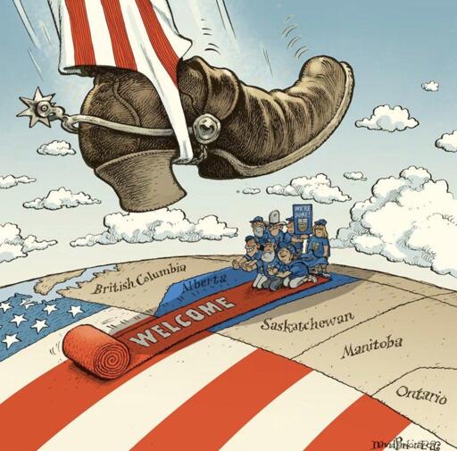 Uncle Sam boot about to crush UCP voters who rolled out welcome carpet to the USA.