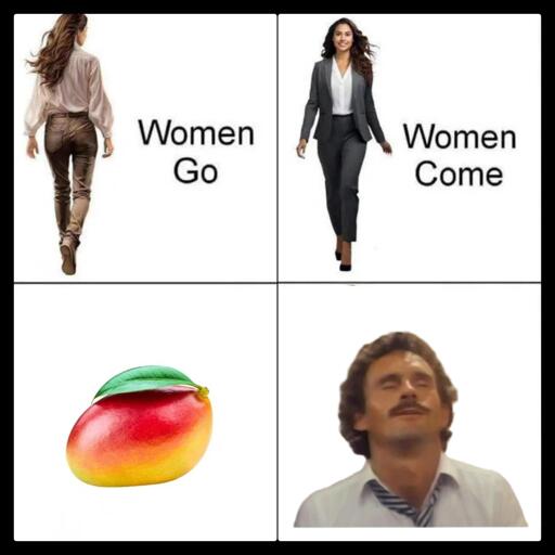 meme image with 4 panels, top panels start with left one reading caption "women go" and right panel saying "women come". Bottom panels left start with picture of actual mango fruit and right panel shows a man making a funny face