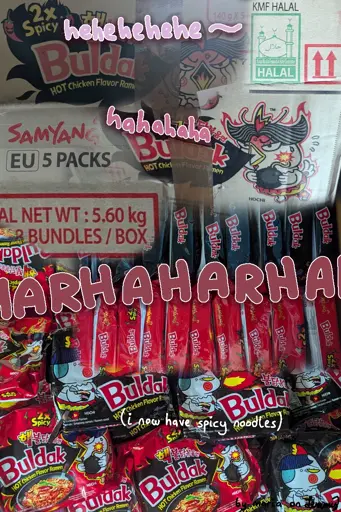 a collage of multiple photos taken from spicy noodle packs. there are images of a large cardboard box with a chicken on it, breathing fire and holding a bomb. text on the box says "Buldak: Hot Chicken Flavour Ramen" in very bold and aggressive font. it is an iconic style. there are "halal" stickers on the cardboard, the box weighs 5.6 kilograms. below are images of the individual noodle packs inside the box. they are aligned nicely: both black and red packs can be seen with that same "buldak" logo. the chicken on the packs is breathing fire too. there are images of the noodles and "2 times spicy" text on the packs. thy have strong colors. text written digitally over the collatge says "hehehe, hahahah, harharharhar" in increasingly red font. there is smaller text saying in a whispering tone "i now have spicy noodles". bottom right says "by maria on lemmy"