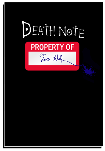 An image of a "Death Note" notebook from the series of the same name. Someone has placed a "Property Of" sticker on the front and tried to write their name, with the pen skittering off into a splat, indicating they were suddenly interrupted.
