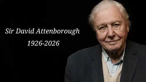 A picture of Sir David Attenborough next to the text "Sir David Attenborough. 1926-2026"