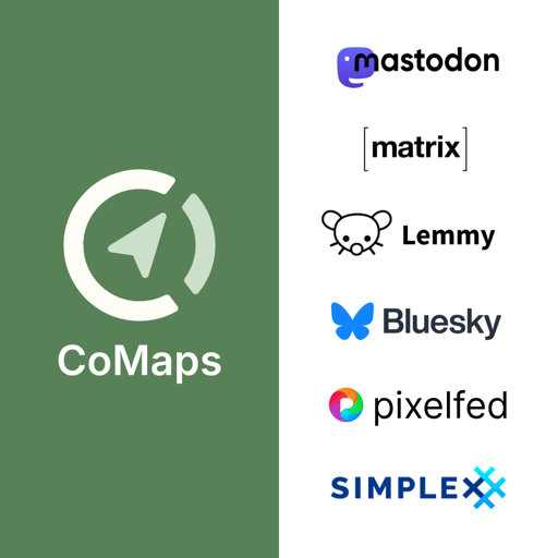 On the left the CoMaps logo, and on the right logos of Mastodon, Matrix, Lemmy, Bluesky, Pixelfed, SimpleX.