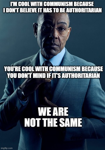 A picture of Gus Friv captioned "I'm cool with communism because I don't believe it has to be authoritarian; you're cool with communism because you don't mind if its authoritarian; we are not the same."