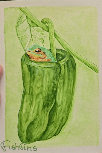 Photo of a watercolour painting of a little green and brown frog sitting in a poblano pepper, which is also dark green and long. Its green stalk connects to another long stalk with a big leaf behind the frog. The background is light green.
