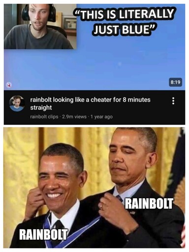 Upper pic of rainbolt YouTuber posting self-flattering clips of himself. Obama self medal meme template. 