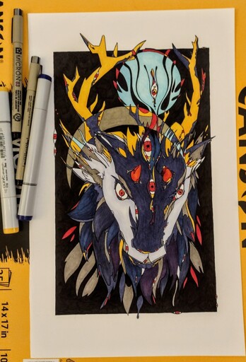 Coloured pen and marker drawing of a surrealist furry buck's head covered in flying shapes and dozens of red eyes. The drawing rests on a pad of artist papers with a few pens overlapping one side.