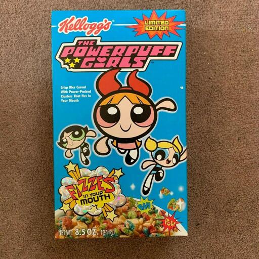 A box of Kellogg's limited edition Powerpuff Girls cereal