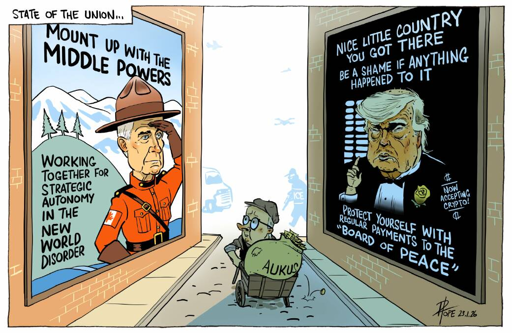 Australia walks down an alley with a billboard on either side. On one side is  Carney dressed as a Mountie inviting countries to join together for autonomy. on the other side is Trump dressed as the Godfather making veiled threats.