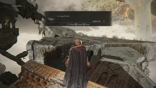 A screenshot of Elden Ring, showing a player message that reads "try ranged battle" looking towards Alexander