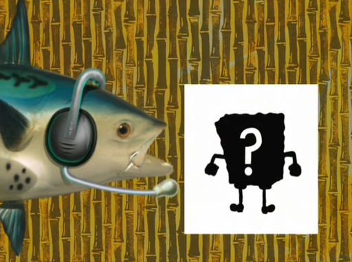 A screenshot from Spongebob Squarepants: A fish announcer stands in front of a blacked out silhouette with a question mark on it. The silhouette is very obviously that of Spongebob.