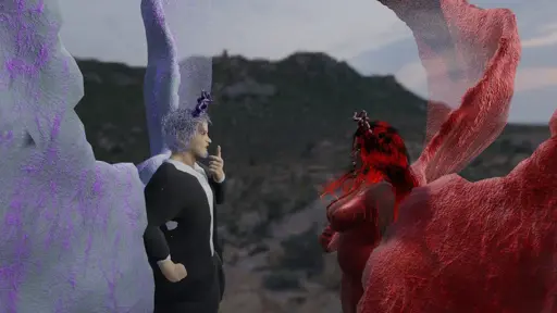 A preview rendering of a 3D scene in which Lilith (to the right side of the scene) is standing face-to-face with a figure never before seen in my 3D scenes: Lucifer/Samael. Both are seen in profile, with the camera almost perfectly aligned, few meters away, in-between them for a symmetrical scene (i.e. the mirrored version of this picture would have Lucifer standing where Lilith is and Lilith standing where Lucifer is).

Lilith is depicted with the same appearance usually found across my artworks, a beautiful woman verging the uncanny valley with lava-like glowing straight red hair, heavily-feminine face makeup (dark red lipstick, prominent eyelashes, cheek rubor/blush, long and sharp dark red nails), paired with supernatural traits such as wide crimson wings, small ram-like horns, vampire fangs and owl-like eyes with a green glow. In this scene, Lilith is wearing the short, tight red leather dress. Her expression is one of wrathful defiance, gazing at Lucifer with tight eyes and prominent teeth. Her wings also adds to this defiance, with the tips slightly leaning forwards from behind, metaphorically akin to a scorpion's tail or snake's rattle moments before attacking. Due to illumination and contrast, Lilith's skin appears to be brown in this scene. 

Lucifer is Lilith's antithesis with some shared traits: he's manifested as a pale-skinned, tall, slightly muscular man in his 40s with the same wide wings and ram-like horns that of Lilith, only differing in color, with his wings and horns being lavender and purple, respectively. His hair is short, curly (somewhat messy/frizzy as well) and has a bright silver color with lavender tones, same color as his goatee beard and his eyebrow. He has a lavender face paint extending from the outer side of his eyebrows all the way up to the top of his forehead. His eyes glow purple, with a slit-like black pupil. His nose and chin are slightly pointy, and his lips are thin and pale. His ears, hidden  behind his curly hair, is slightly pointy as well. He's wearing a formal attire, a graphite cardigan over a white-collar shirt and graphite pants, with his right hand (the hand facing the viewer) resting inside a pocket in his cardigan. His other hand is almost touching his own goatee, with the index finger closer to his chin while the thumb is extending outwards and the other fingers are closed. His face expression includes calm and persuasive, slightly closed eyes, mouth slightly opened as in mid-speech with his upper and bottom teeth almost touching in a relaxed manner, calm and relaxed wings and a straight-up posture; together these suggest a highly-intellectualized, manipulative and scheming posture, as if he were trying to outsmart and/or convince Lilith of something. 

Both are standing in the middle of a mountainous landscape during late-afternoon (it's actually a HDRI).
