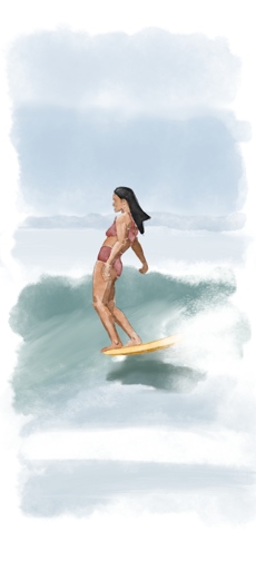 surfer girl hanging 5, water color style, digital art