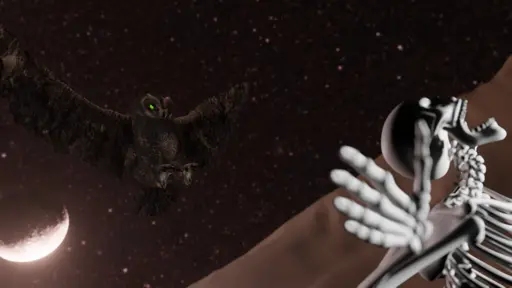 High-res rendering of a 3D scene where the owl (medium-sized Screech-owl with dark brownish fur and glowing green eyes from tapetum lucidum) is gliding mid-flight, visibly sharp talons extended forwards in a clawing gesture, mere centimeters away from swooping down onto a living human skeleton (anatomically-accurate masculine skeleton, seen partially in this specific perspective) who was running from Her but stumbled and is now falling down to the ground as they appear screaming. Both are amidst a vast, featureless desert with smooth dunes, surrounded by a clear/starry dark night sky with a slight reddish tint. The camera angle is dramatically tilted diagonally, centered and focused at the owl while the de-focused skeleton falls to their knees at the bottom right corner. At the bottom left corner, almost besides the owl, a large crescent Moon is visible with a highly-glowing partial lunar eclipse (as in, Moon is being lit at the bottom side while featuring the reddish glow typical of lunar eclipses, thus appearing as a belly-up crescent resembling devilish horns).