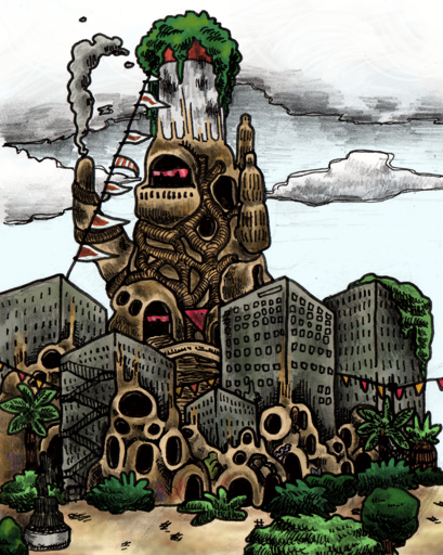 A city with mud huts attached to apartment complexes and plenty of plants around. In the center is a large tower with a giant mud hut attached to it.