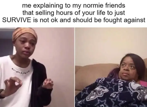 me explaining to my normie friends that selling hours of your life to just SURVIVE is not ok and should be fought against