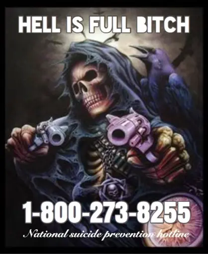 a picture of a cool skeleton pointing a gun at the camera, the image is overlayed with the text "HELL IS FULL BITCH" at the top and "1-800-273-8255 national suicide prevention hotline" at the bottom